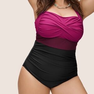 Contrast twist-front Magenta, Burgundy, & Black Colorblock One Piece Swimsuit